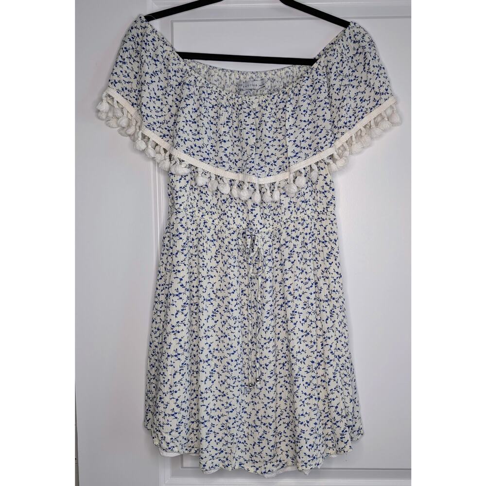 Paper Crane White Mini Dress with Blue Floral Print